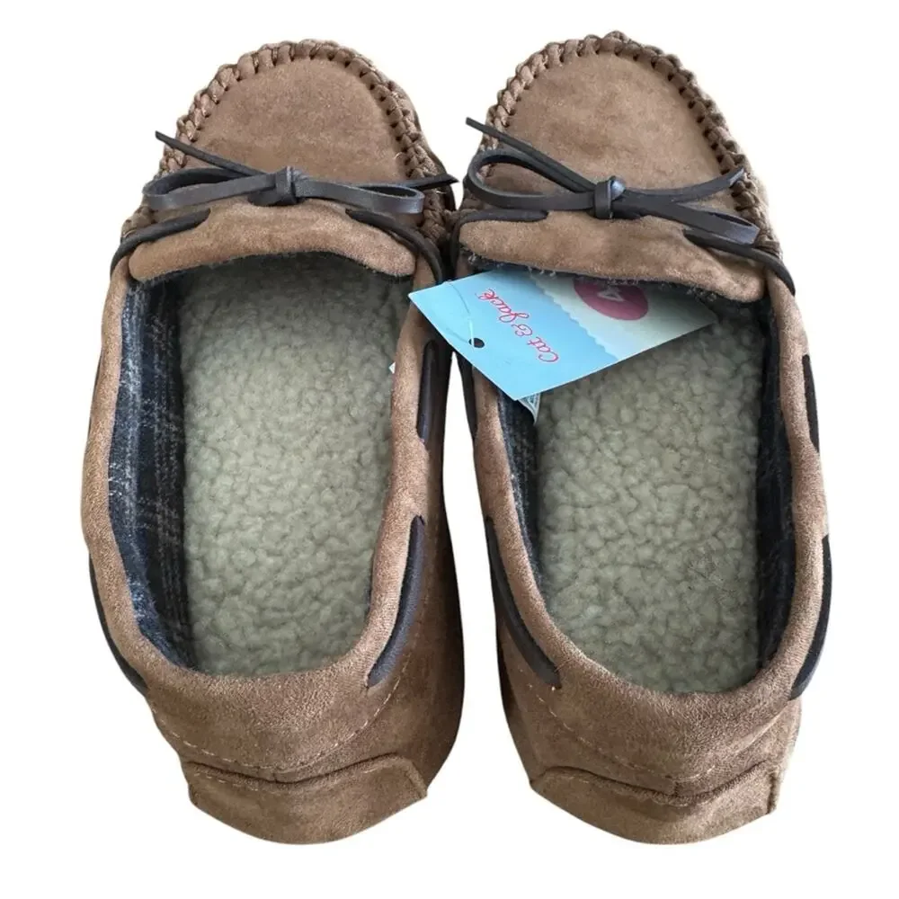 Cat & Jack Slippers Boys Size 4 Chestnut Brown Loafer Slip-on Sherpa Faux Fur